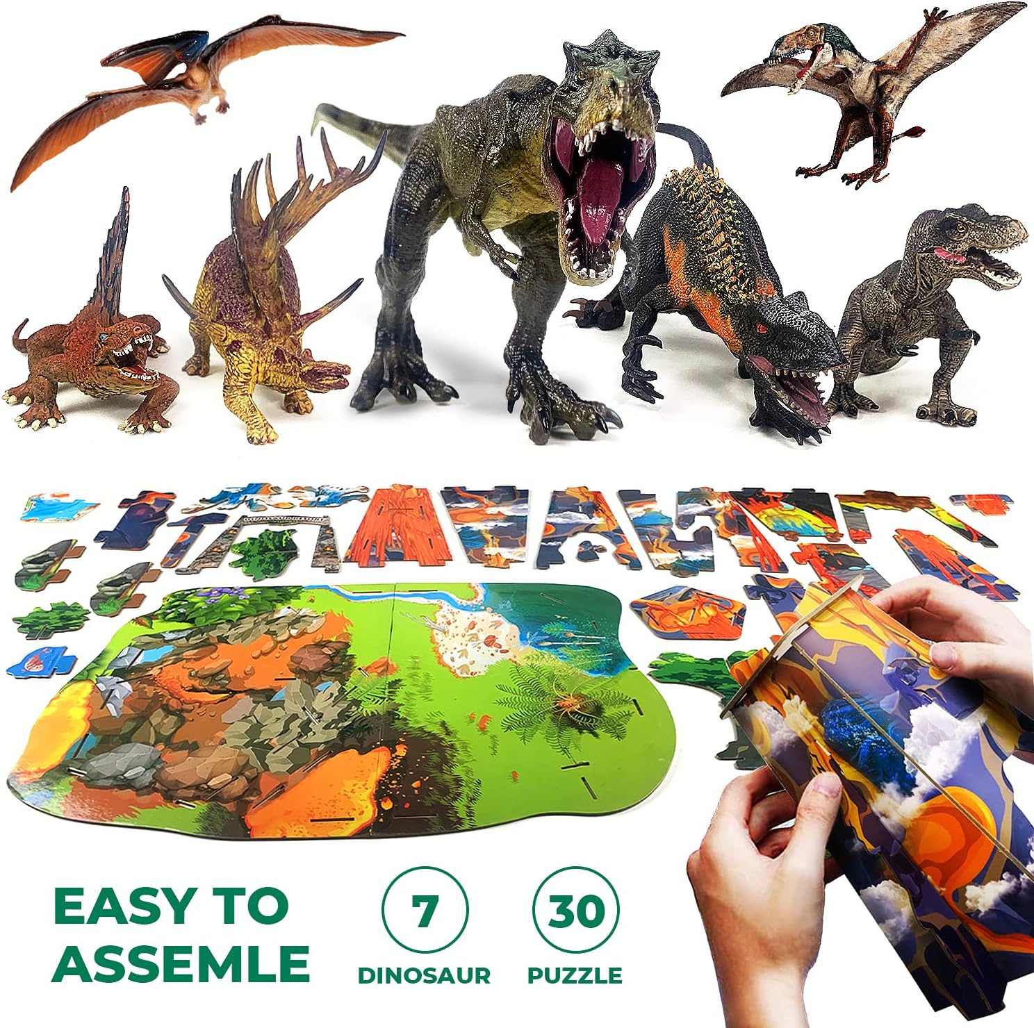 CPSTOYWORLD Realistic Dinosaur Toys for Kids, Large Dinosaur Figure Sets Including Movable T-Rex, Triceratops, Indoraptor and 3D Volcano Puzzles, Dinos Toys Gifts for Boys Girls Ages 3 Years & Up