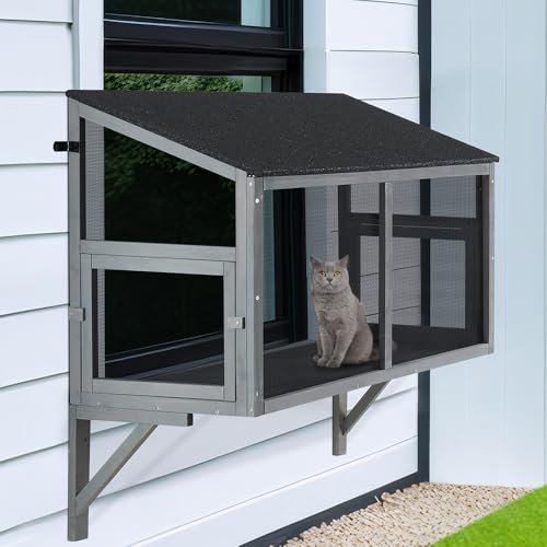beeNbkks Bug Proof Cat Catio, Window Box Enclosure for Indoor Cats, Wooden Cat Window Perch House, Expandable for Multi Cats, Secure Comfortable Outdoor Haven for Cats, Keep Bugs Insects Out