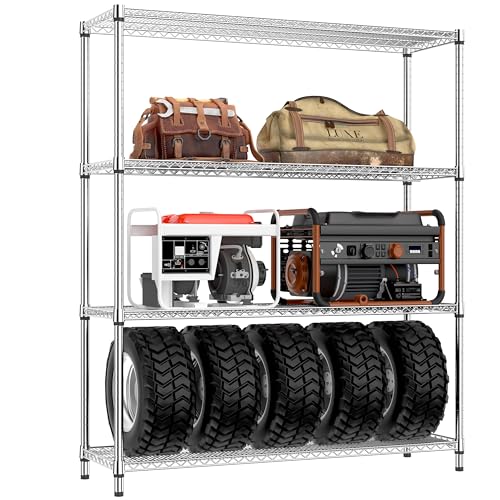 IZEUK 1400 LBS Garage Chrome Shelving Wide Storage Shelves 4 Tier Adjustable Heavy Duty Metal Wire Rack Standing Shelf Unit for Kitchen Office College Dorm Garage Warehouse 15.8