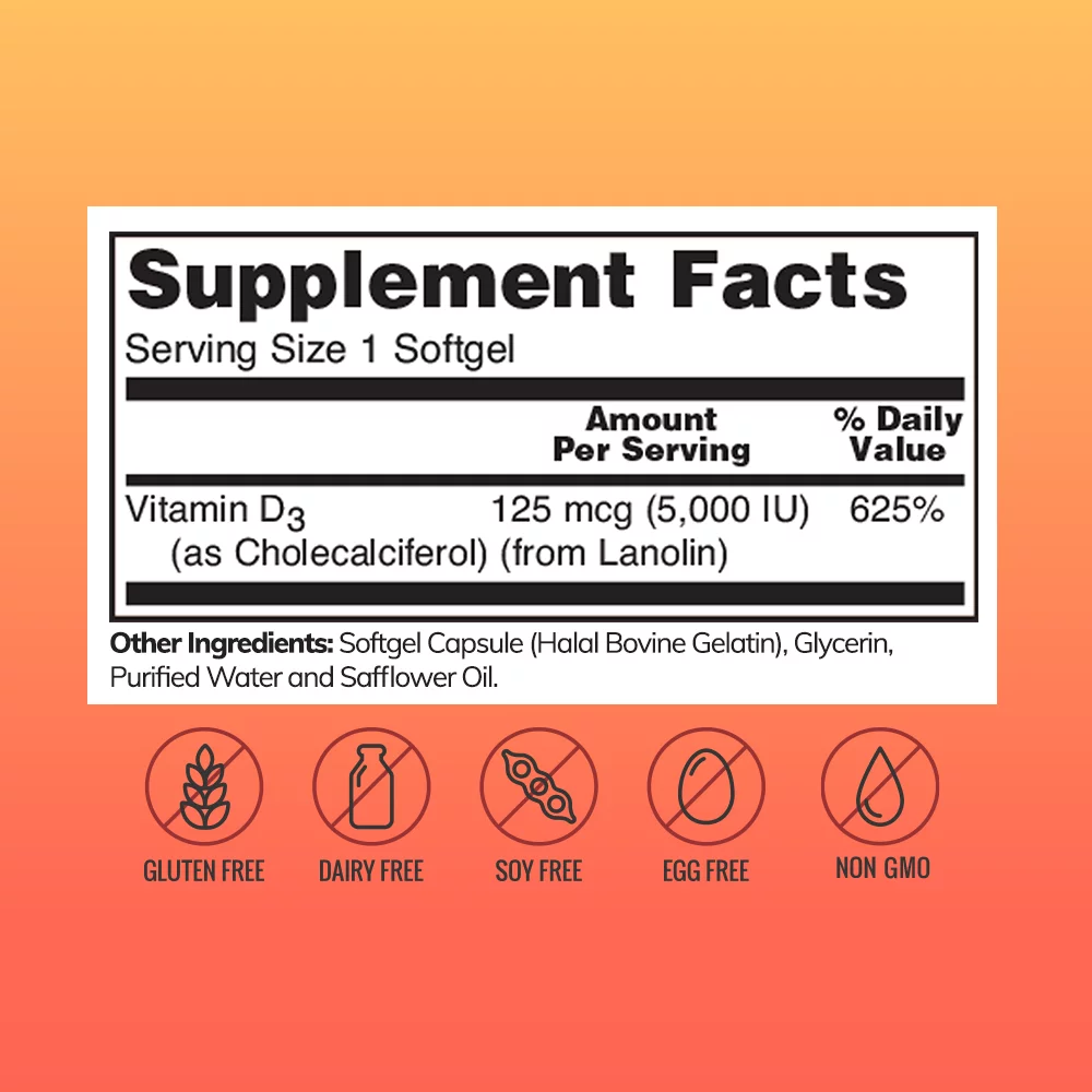 Zaytun Vitamins Halal Vitamin D3 5000 IU, 180 Softgels