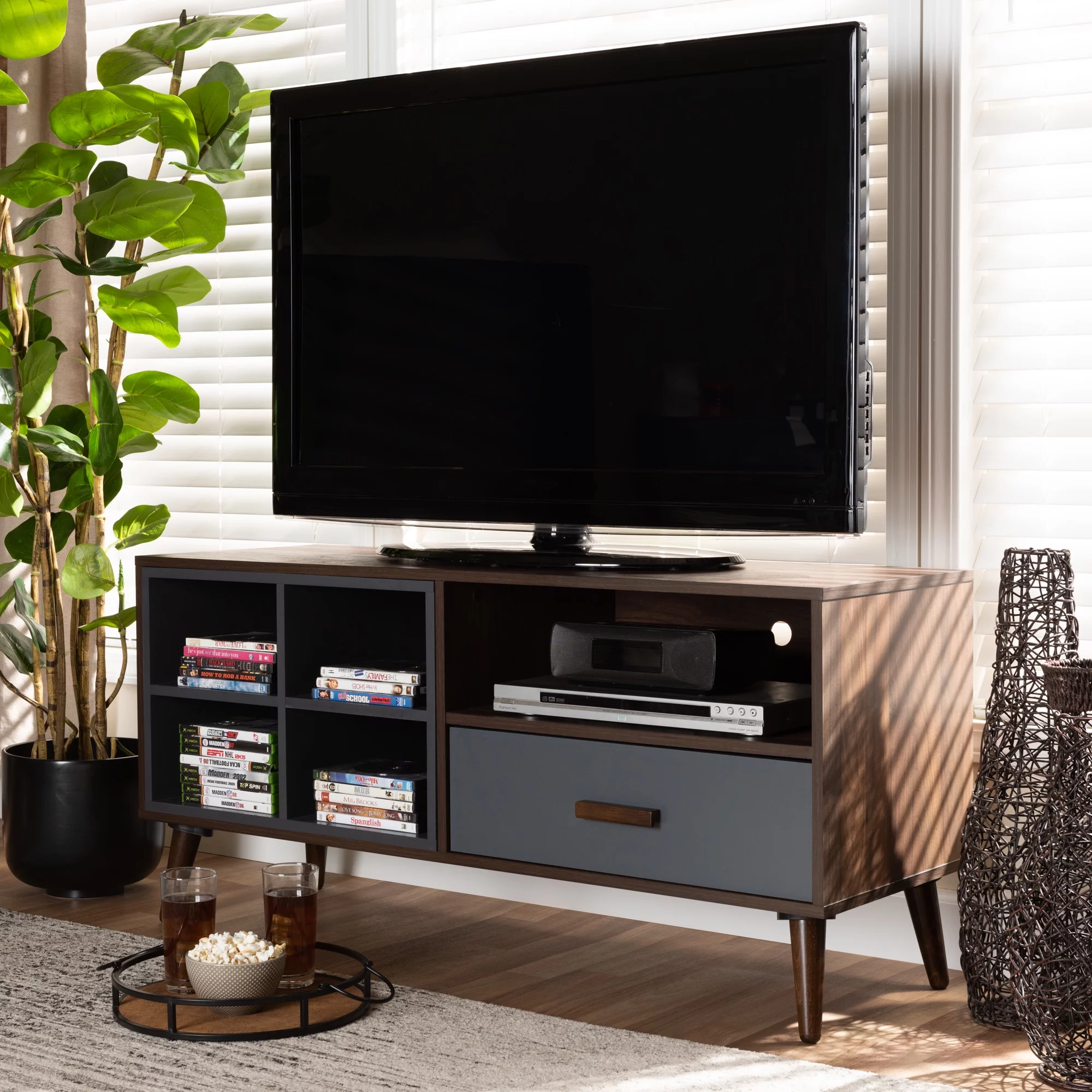 Baxton Studio Garrick Modern and Contemporary Two-Tone Grey and Walnut Brown Finished Wood 1-Drawer TV Stand