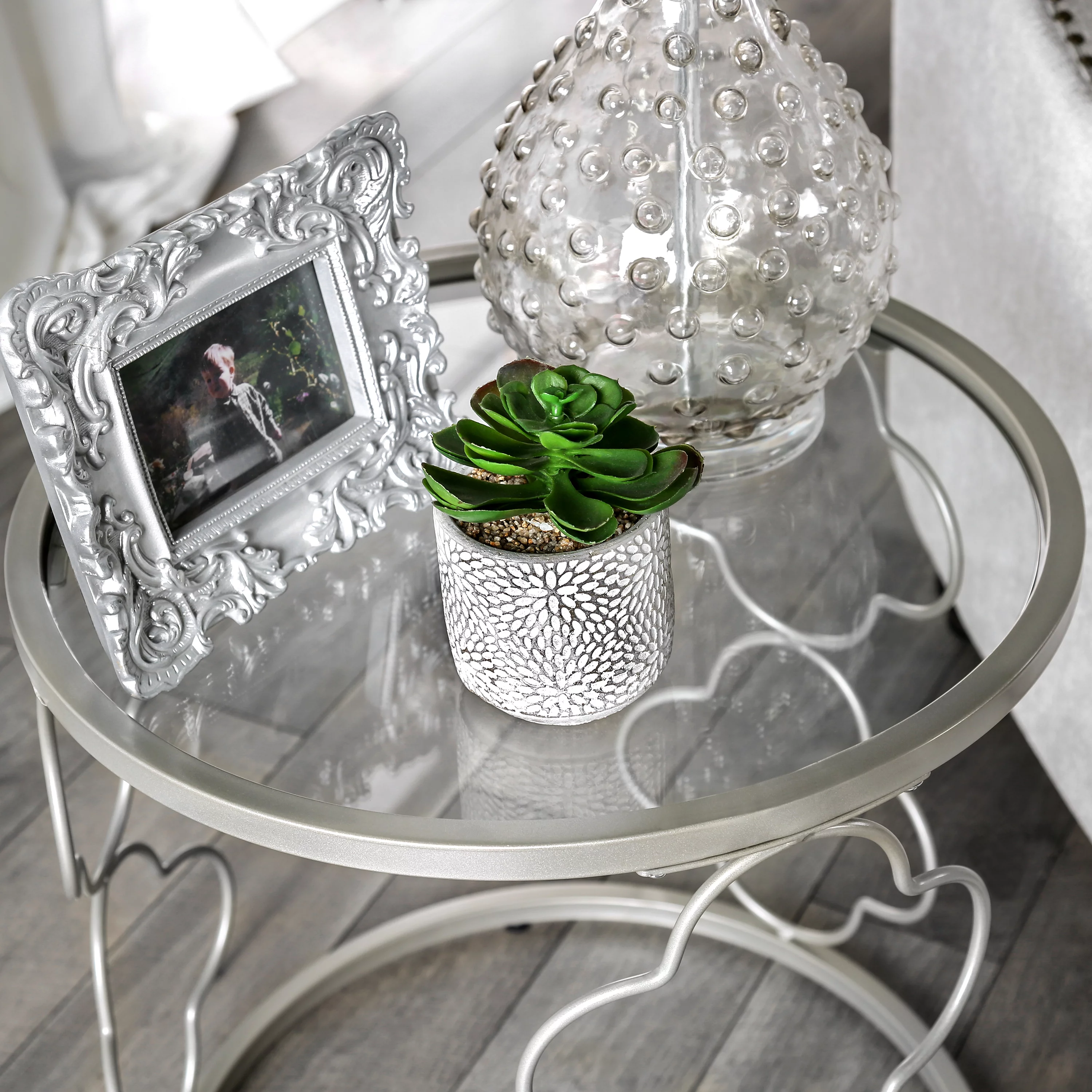 Furniture of America Nelli Glass Top End Table, Champagne