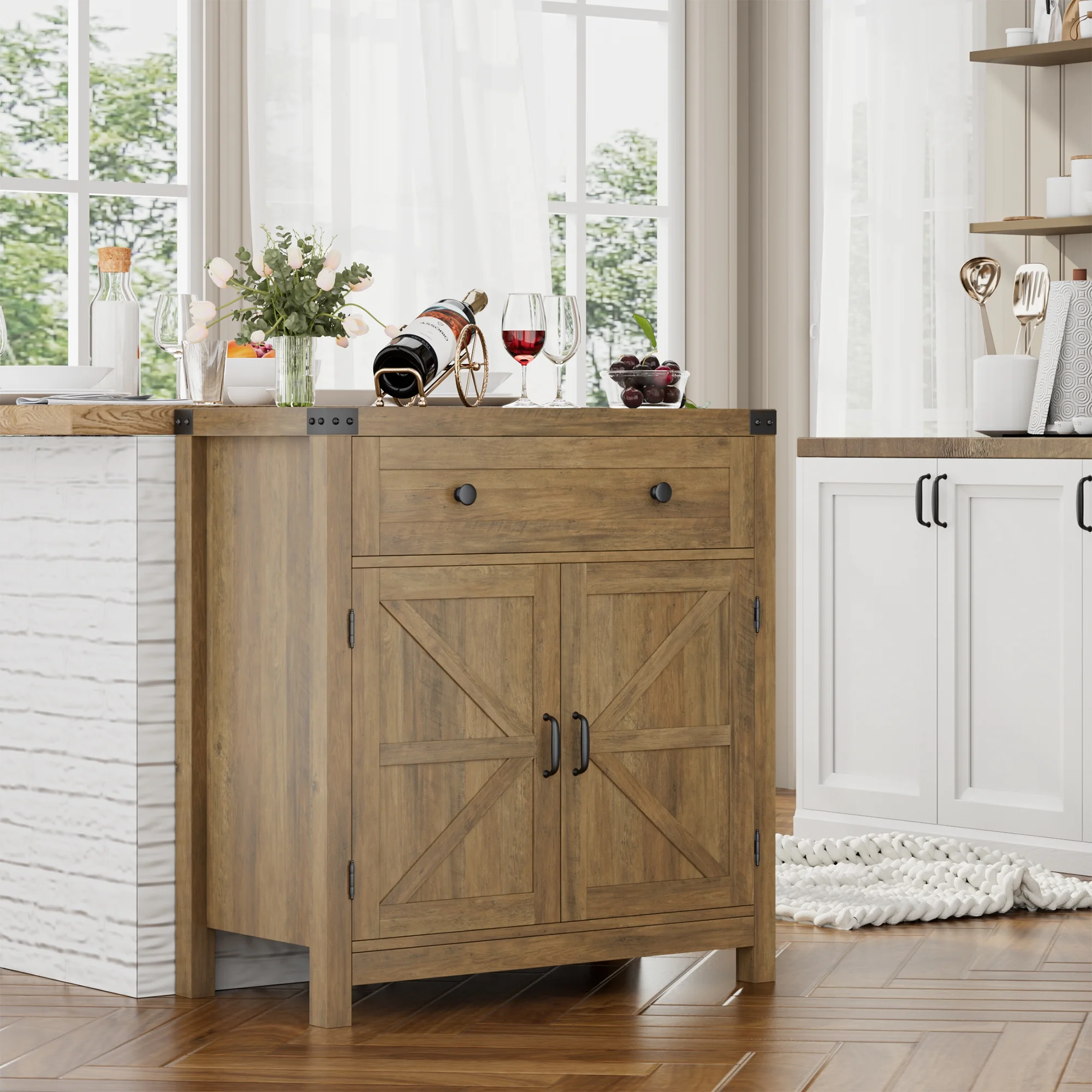 Homfa Kitchen Buffet Sideboard with Drawer, Compact Coffee Bar with Adjustable Shelf for Dining Room, Rustic Brown