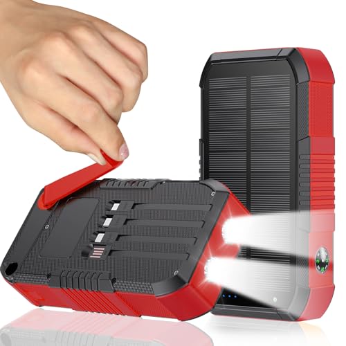 Solar Power Bank 66800mAh Built in Hand Crank and 4 Cables 22.5W Fast Charge,Camping Essentials/SOS/Strobe/Strong Flashlights,Compass Solar Portable Charger Power Bank (Black)