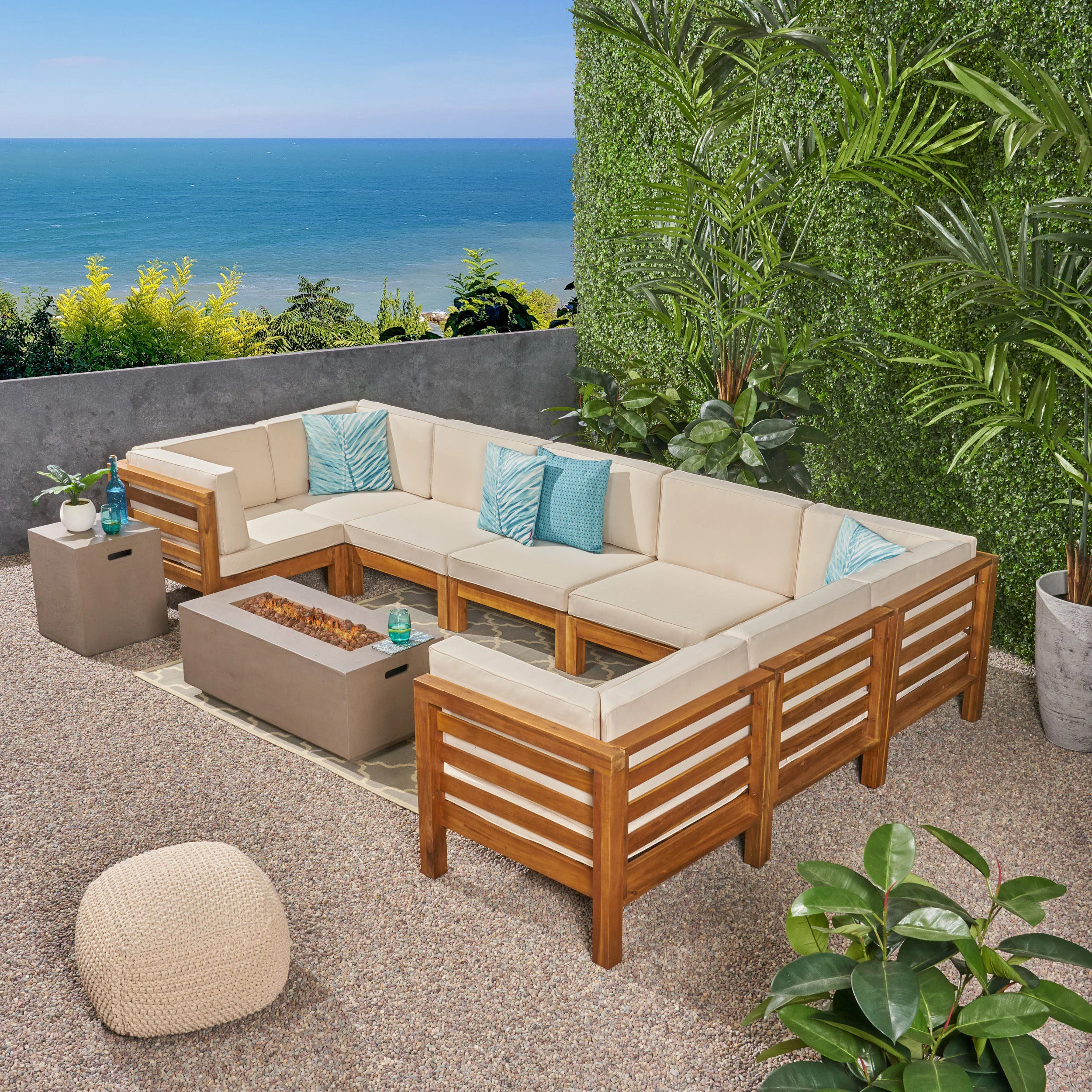 GDF Studio Cascada Outdoor Acacia Wood 8 Seater Sectional Sofa Set with Fire Pit, Teak, Beige, and Light Gray