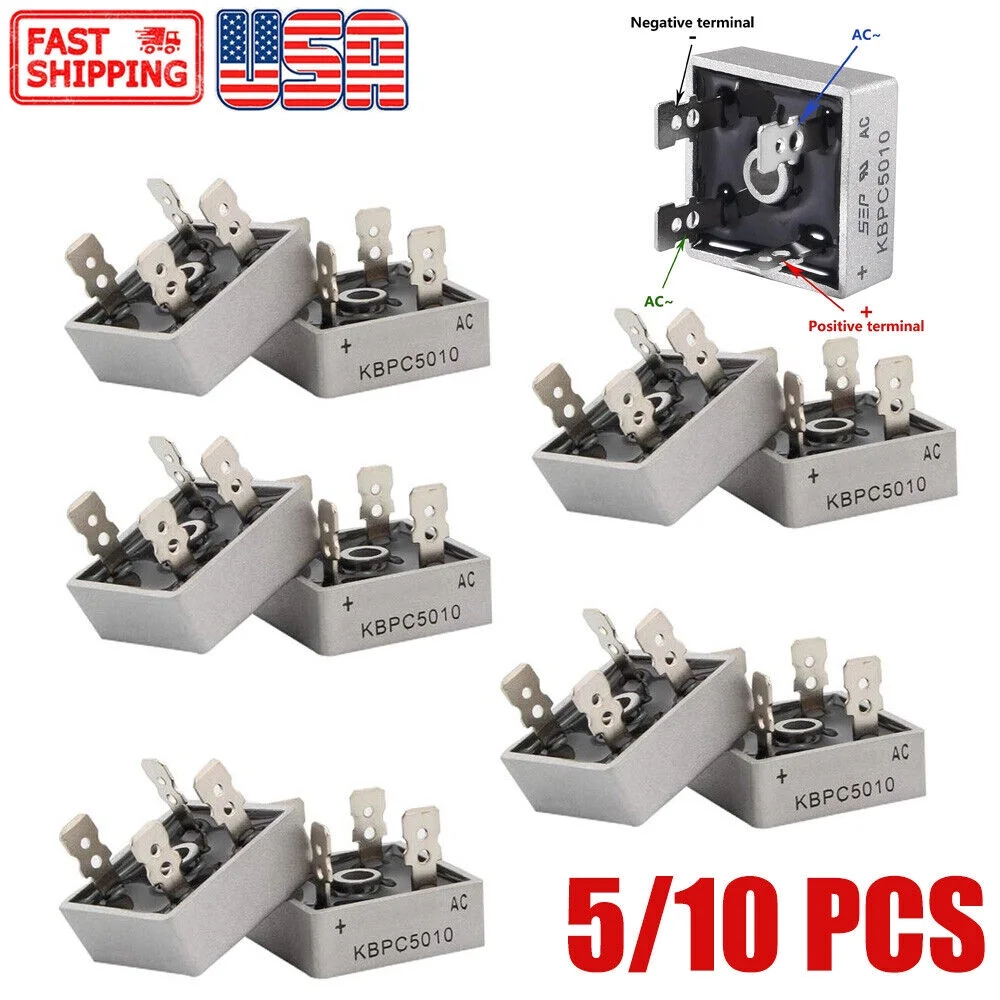 5/10Pcs 1000V 50A Metal Case Single Phase Diode Bridge Rectifier KBPC5010