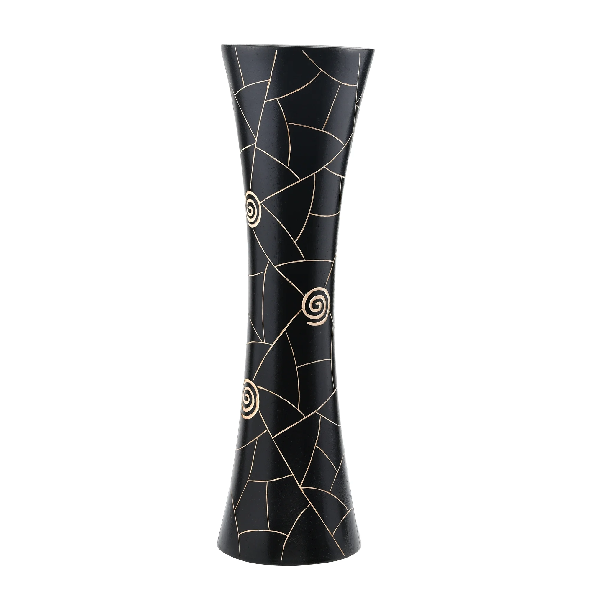 AeraVida Sleek Classy Modern Black Golden Geometric Etch Natural Mango Tree Wood Concaving Vase