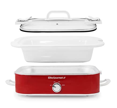 Elite Gourmet MST-5240 Casserole Crock Slow Cooker, Locking Lid Adjustable Temperature Keep Warm Oven & Dishwasher-Safe Casserole Pan, 3.5Qt Capacity, Red