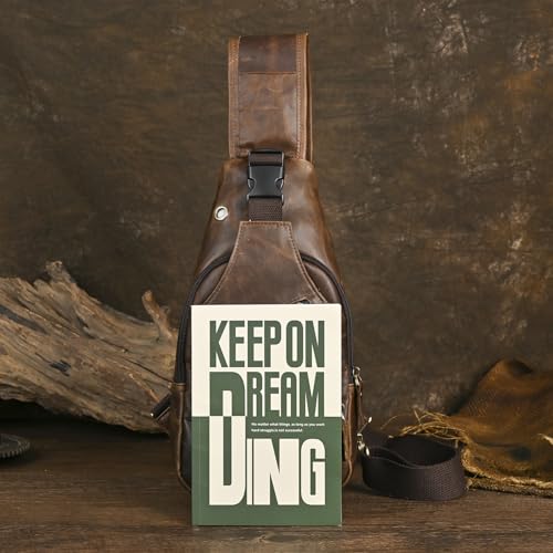 Le'aokuu Men Fashion Casual Tea Designer Travel Hiking Crossbody Chest Sling Bag Rig One Shoulder Strap Bag Men Leather 8015