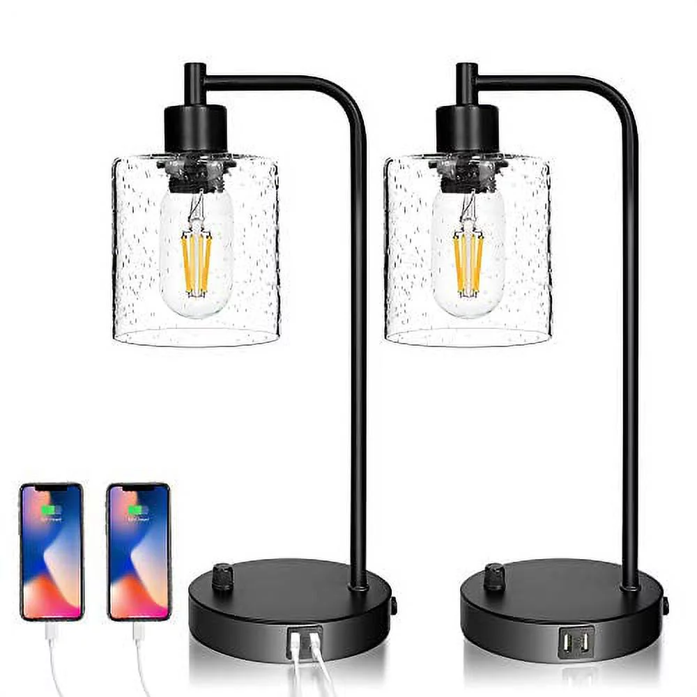 Set of 2 Industrial Table Lamps with 2 USB Port, Fully Stepless Dimmable Lamps for bedrooms, Bedside Nightstand Desk Lamps with Seeded Glass Shade for Reading Living Room Office 2 LED Bulb Included Seeded Glass & Matte Black(Base)