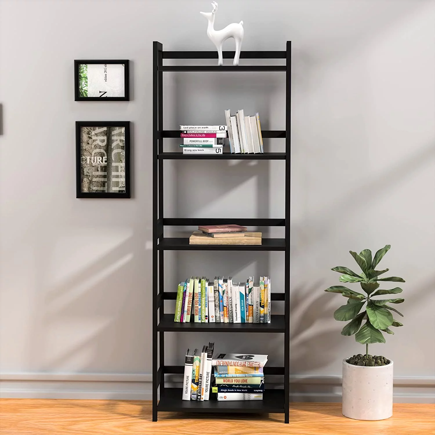 BZH Storage Book Shelves, 5 Tier Tall Bookcase, Modern Open Ladder Shelf for Bedroom, Living Room, Bathroom, Kids Room, Office(Black)