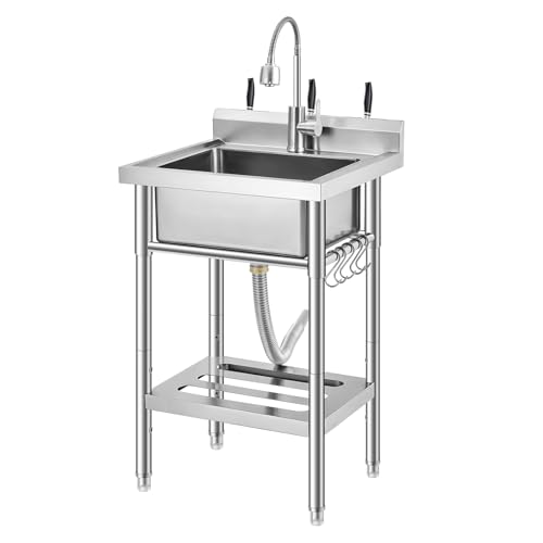 Commercial Stainless Steel Utility Sink with Faucet, Freestanding Laundry Sink with Adjustable Legs, Storage Shelf, Hooks, Backsplash, Hot & Cold Water for Kitchen, Garage, Outdoor, Farm