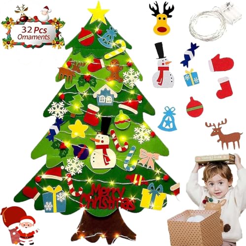 Felt Christmas Tree for Toddlers,Felt Christmas Tree for Kids DIY Christmas Decorations,Felt Toddles Christmas Tree for Kids Xmas DIY Wall Hanging，32 Ornaments Children Gift with String Light