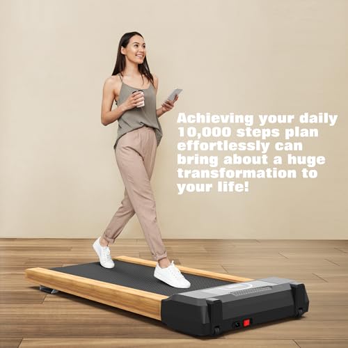 Walking Pad, Under Desk Treadmill with High Sound Quality Speaker, Exquisite Wood Treadmills for Home Small, Max 300LBS Capacity, Installation-Free with LED Light Strap Display