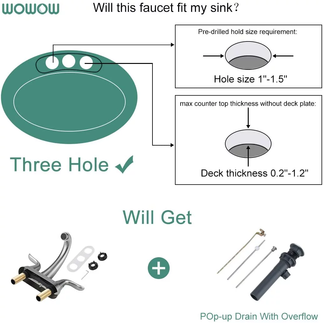 WOWOW Bathroom Faucet 2 Handle 4 Inch Centerset Bathroom Sink Faucet, Lead-Free Basin Mixer Tap with Lift Rod Drain Stopper