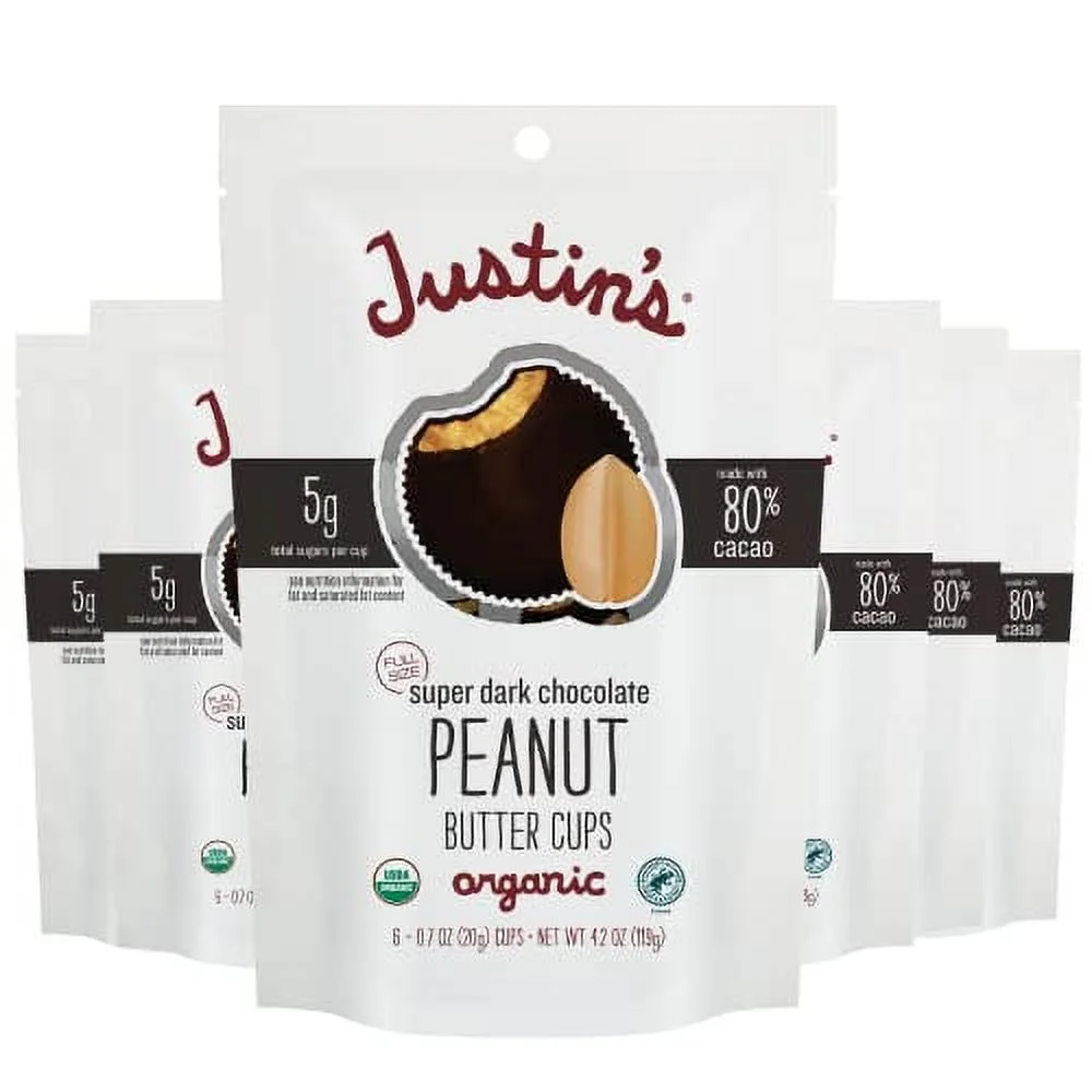 JUSTIN'S Organic Super Dark Chocolate Peanut Butter Cups, 4.2 Ounce Bag (6 Pack)