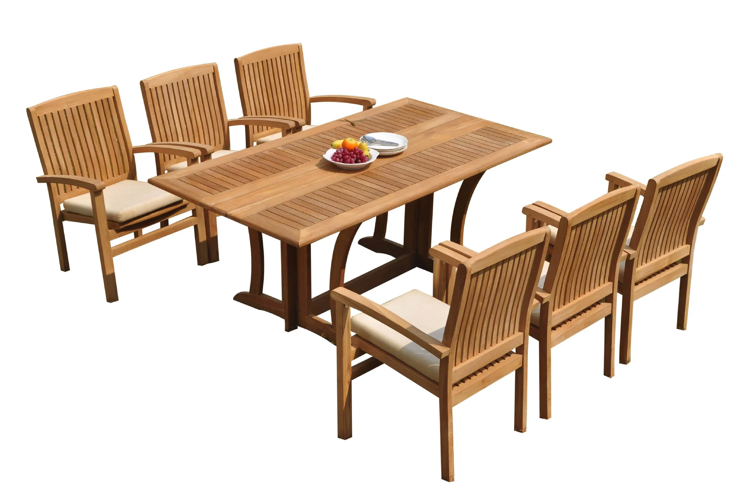 Grade-A Teak Dining Set: 6 Seater 7 Pc: Warwick Console Folding Rectangle Table And 6 Wave Stacking Arm Chairs Outdoor Patio WholesaleTeak #51WV1507