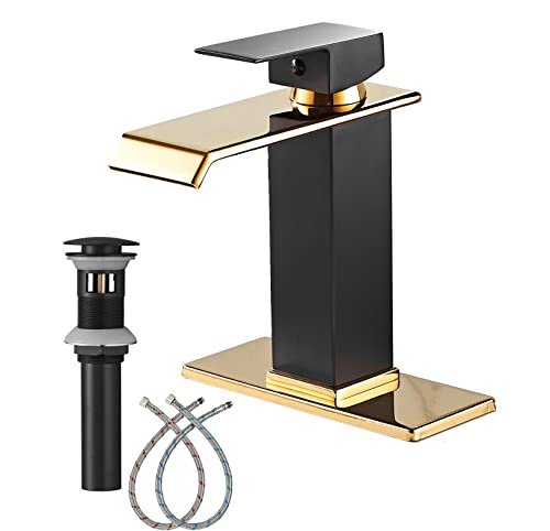 White Gold Faucet Bathroom Vessel Sink Golden Waterfall Spout Faucet Single Handle Bowl Sink Faucet Modern Single Hole Basin Vanity Tall Bathroom Sink Faucet with Pop Up Drain Stopper Supply Hose