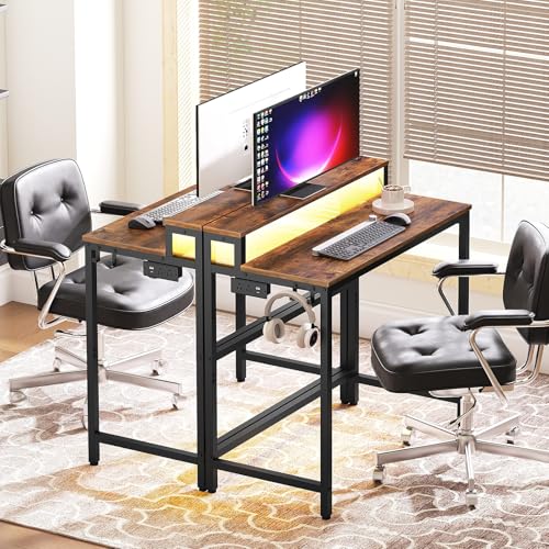Computer Desk with Charging Station and LED Lights, Gaming Desk with Monitor Stand, 2-Tier Home Office Desk with 4 Side Hooks, for Living Room, Home Office, Black DN01UDBBY1