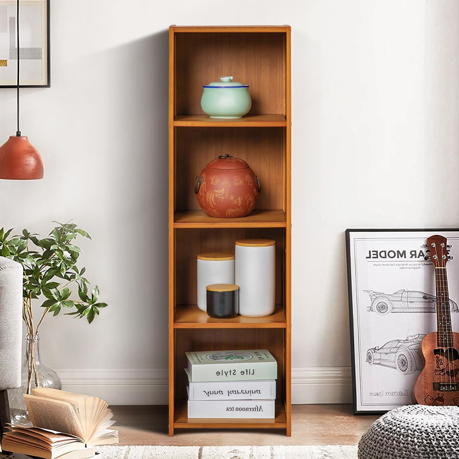 Magshion 4-Tier Narrow Bookcase Brown Media Tower Rack, 12.2