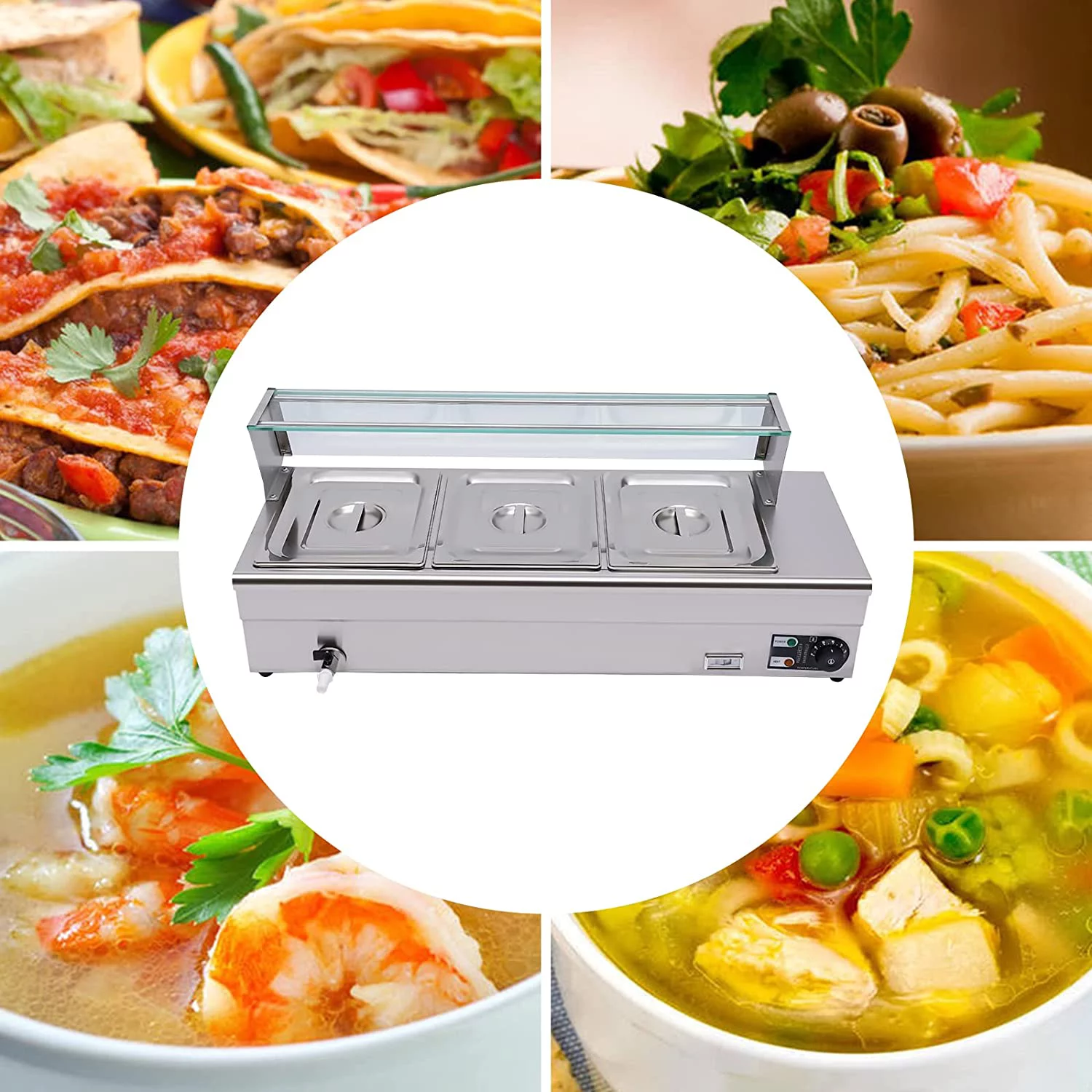 Miumaeov 3 Pans 1200W Food Warmer Buffet Wet Heat Catering Restaurant Temperature Control