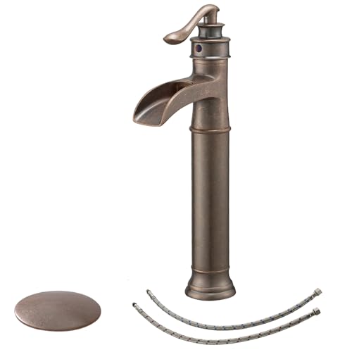 BWE Vessel Sink Faucet Waterfall Matte Black with Pop Up Drain Without Overflow and Supply Lines, Black Sink Faucet Bathroom One Handle Faucets Vanity Bath Mixer Tap