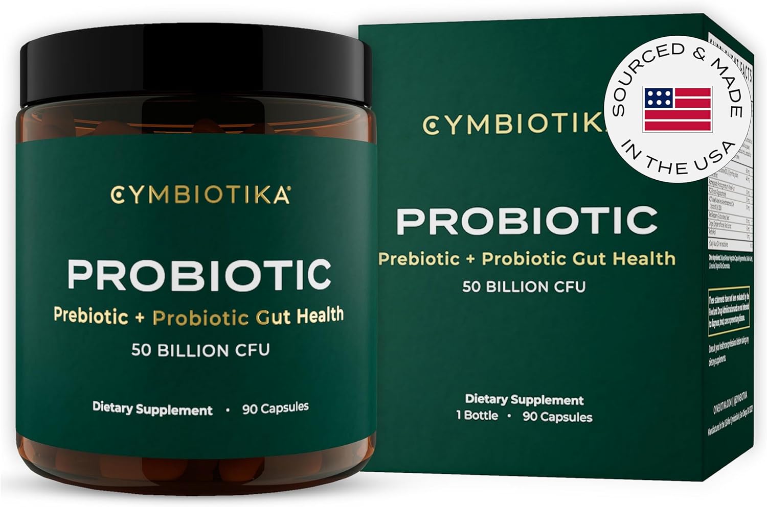 CYMBIOTIKA Probiotic + Prebiotic Gut Health Supplement for Women & Men, Supplements for Immune Support, Digestive Health, & Gut Balance, Contains Probiotics & Prebiotics, 50 Billion CFU, 90 Capsules
