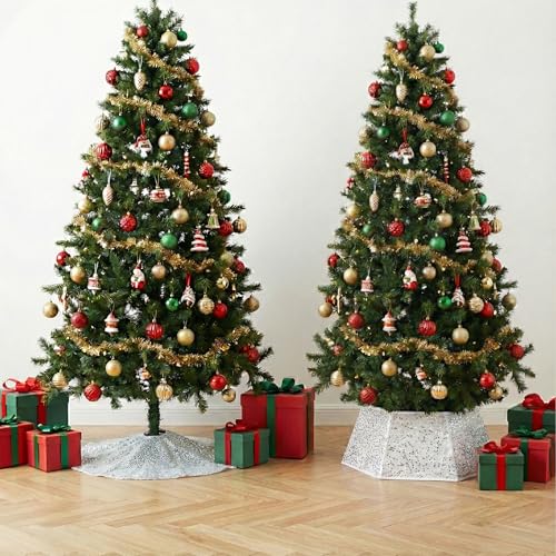 Mr. Pen- Silver Sequin Christmas Tree Skirt and Tree Collar, 24 Inch Base Cover, 24.8 Inch Foldable Sparkling Sequin Trees Skirt Collar, Christmas Skirt Tree