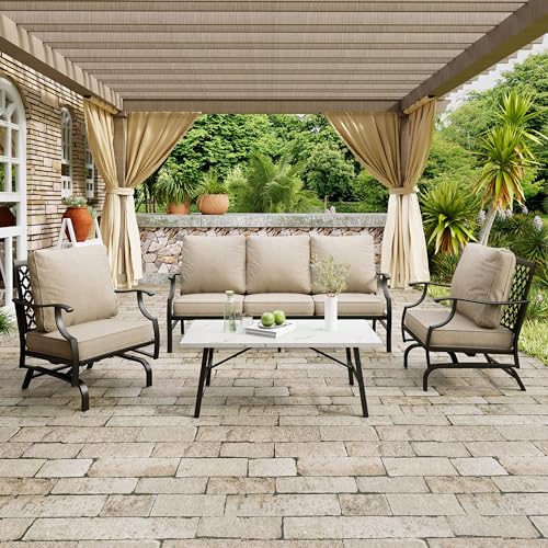 Patio Furniture Set 4 pcs, Metal Outdoor Patio Furniture, 3-Seat Sofa, 2 Swivel Chairs, Coffee Table and 5.75