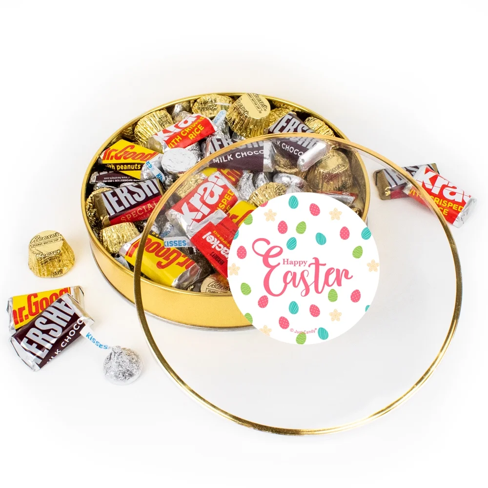 Easter Candy Gift Tin (Plastic Tin with Approx. 1lb Candy, 60 pieces) Kisses Chocolate, Miniatures & Peanut Butter Cups - Eggs & Flowers