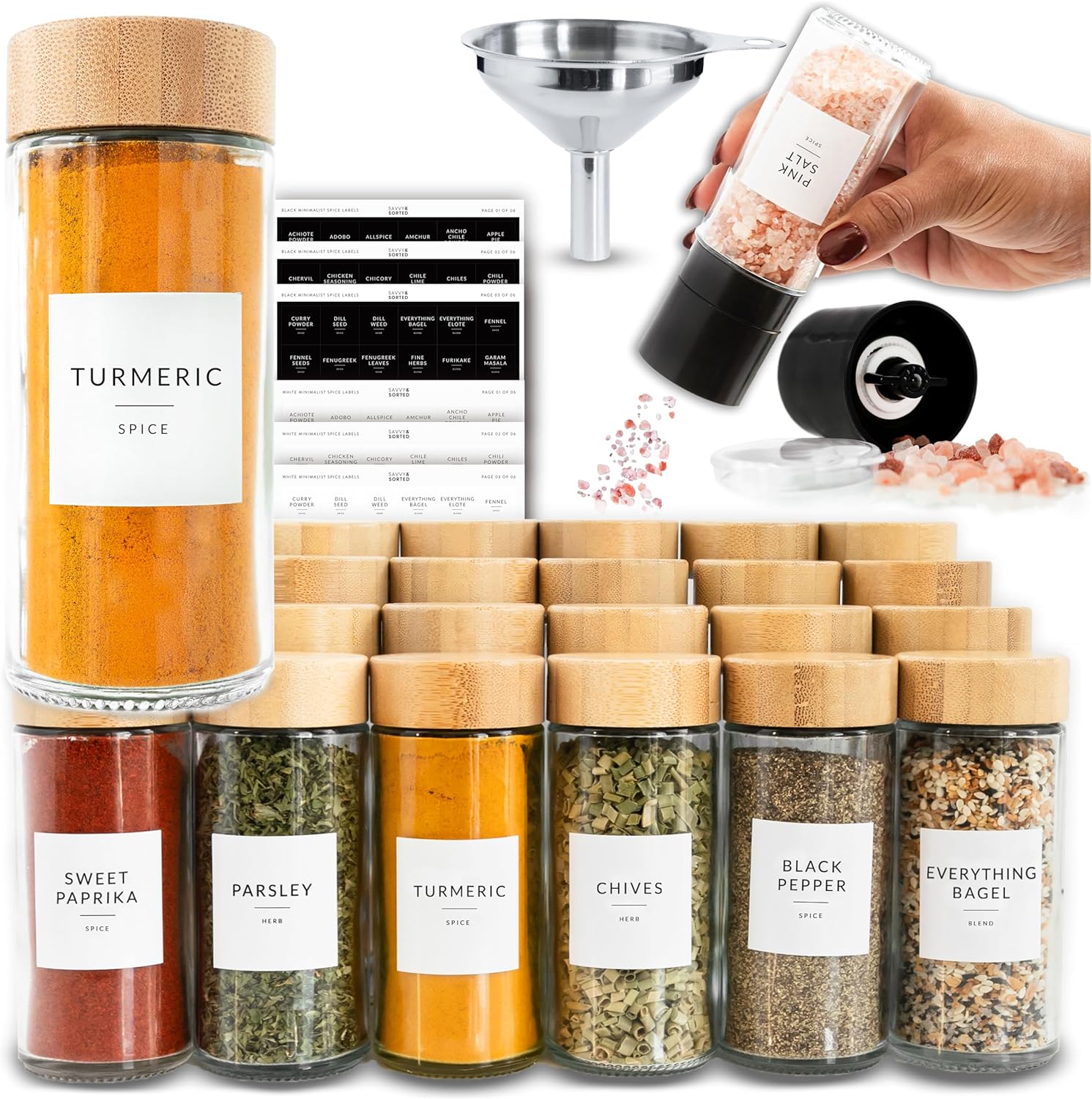24 Glass Spice Jars with Label, Round Bamboo Spice Jar Set 4oz Seasoning Containers with Labels, 374 Spice Labels, Spice Bottles Funnel Empty Spice Jars and Shaker Lids Spice Containers and Grinder