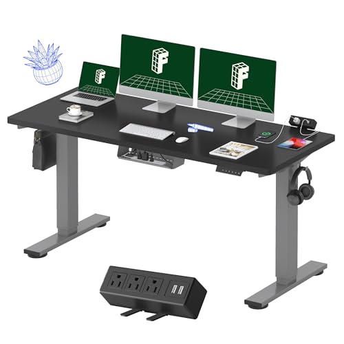 FLEXISPOT EN2 Whole-Piece Standing Desk with Clamp Power Strip, 55 x 28” Electric Stand Up Height Adjustable Desk with Cable Management (Black Frame + 55