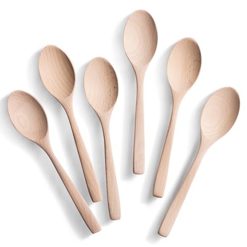 7.3inch Small Wooden Spoons, 6pcs Uncoated Beech Christmas Engraved Small Wooden Spoons Set, Table Spoons for Present Honey, Serving, Eating, Soup, Chocolate, coffee, Tea