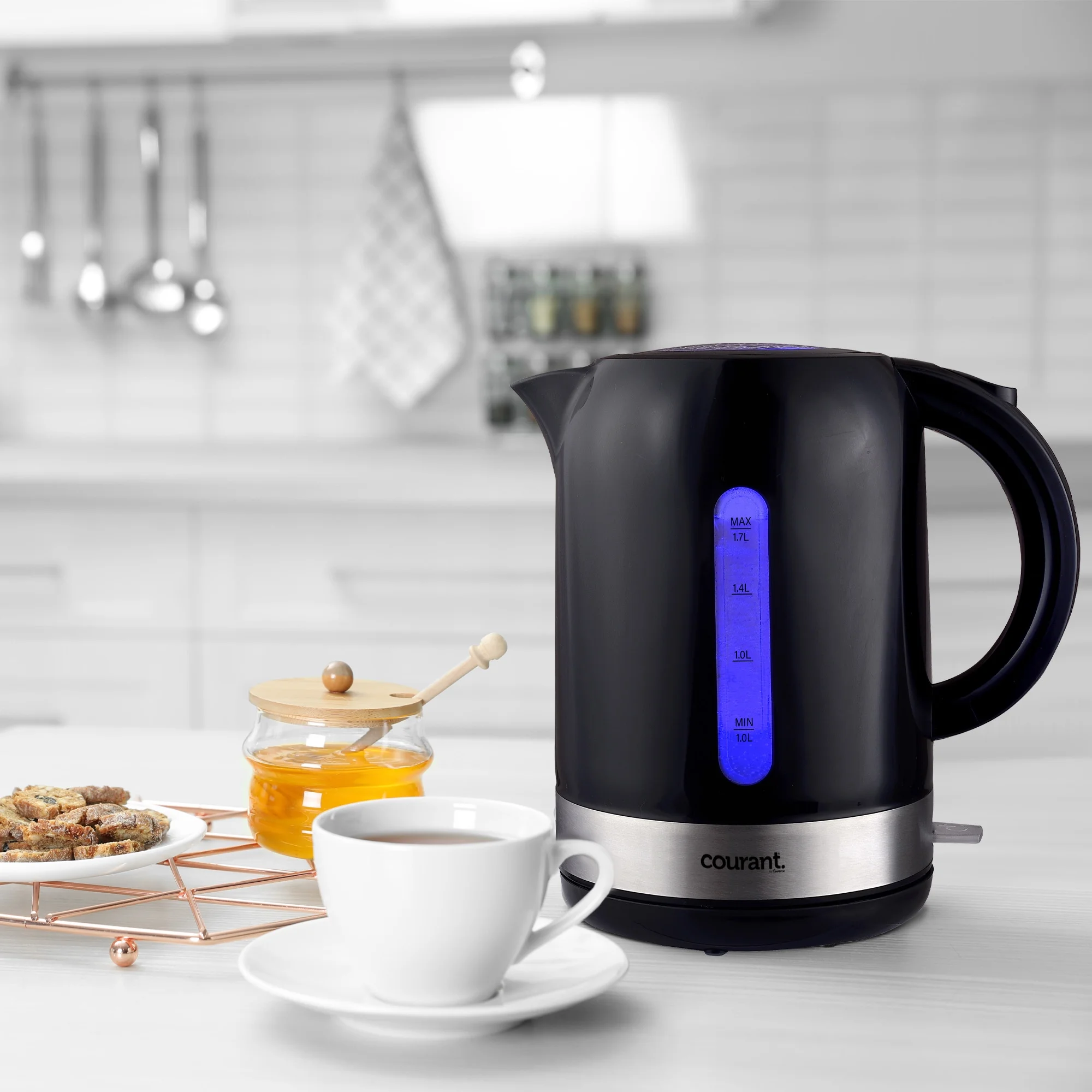 Courant Cordless 1.7 Liter Electric Kettle, LED Indicator, Washable Filter, Durable, Lightweight, New, Black