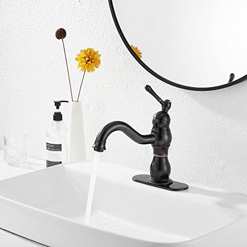 GGStudy 360° Swivel Antique Brass Bathroom Vessel Sink Faucet Single Handle One Hole Matching with Pop Up Drain