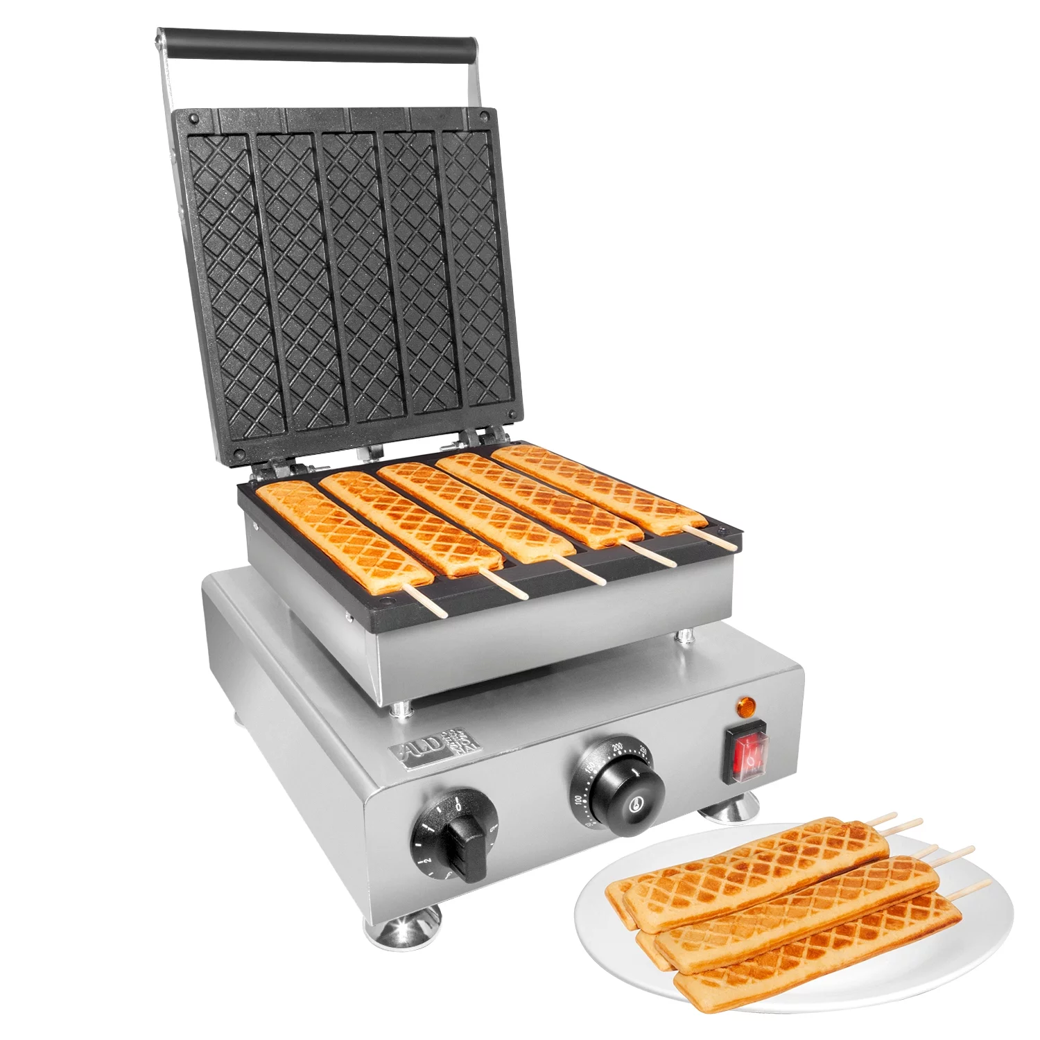 ALDKitchen Waffle Stick Maker | 5 Flat Waffles | Checkered Pattern | Nonstick | Stainless Steel | 110V