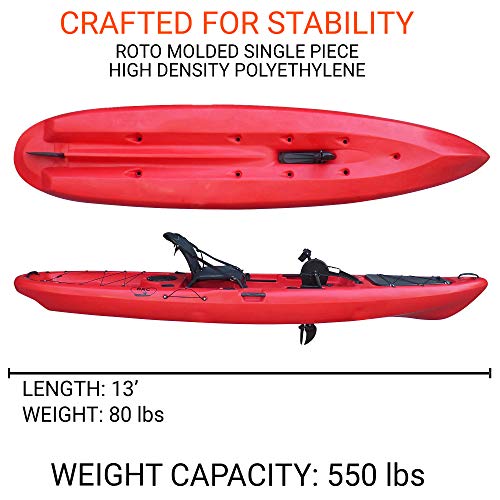 BKC PK13 13' Pedal Drive Fishing Kayak W/Rudder System and Instant Reverse, Paddle, Upright Back Support Aluminum Frame Seat, 1 Person Foot Operated Kayak