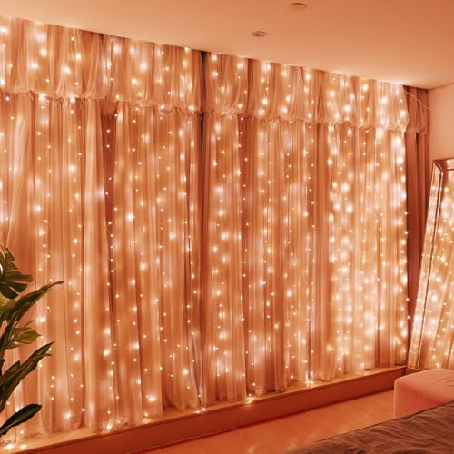 HXWEIYE 300LED Fairy Curtain Lights, 9.8x9.8Ft USB Plug-in 8 Modes Christmas String Hanging Lights with Remote for Bedroom Backdrop Wedding Indoor Wall Decor, Warm White, Standard – 2 Pack