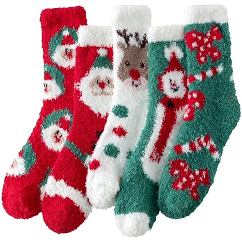 fauson Fuzzy Socks for Women - Christmas Fuzzy Socks Cozy Fun 5 Pairs, Xmas Holiday Sock for Gifts