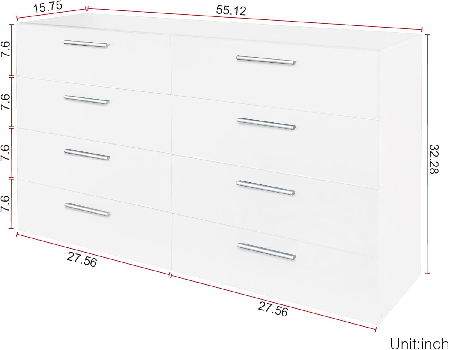 8 Drawer Double Dresser, White Dresser, Modern 8 Chest of Drawers with Deep Drawers, Wide Storage Organizer Cabinet for Living Room Home