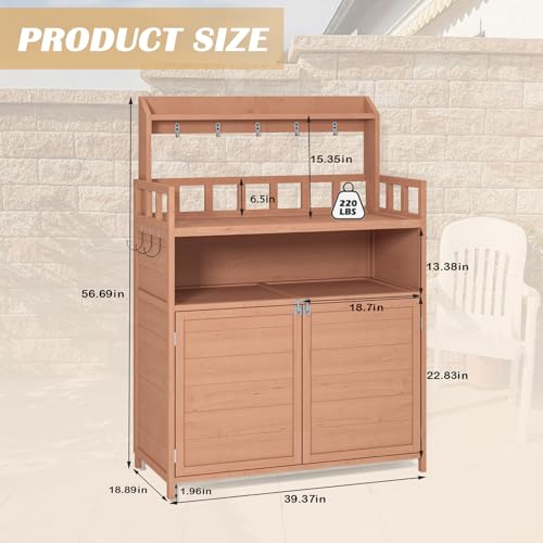 Outdoor Potting Bench with Storage Cabinet & Top Shelf, Wooden Garden Potting Table for Outside, Planting Workstation for Greenhouse, Patio, Backyard (Brown)