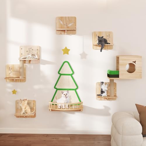 Cat Wall Shelves and Perches, Solid Wood Wall Mounted Cat Furniture, Set of 13 Cat Climbing Shelves with Moon Hammock, House, Wall Ladder, Scratching Post and Cat Tunnel