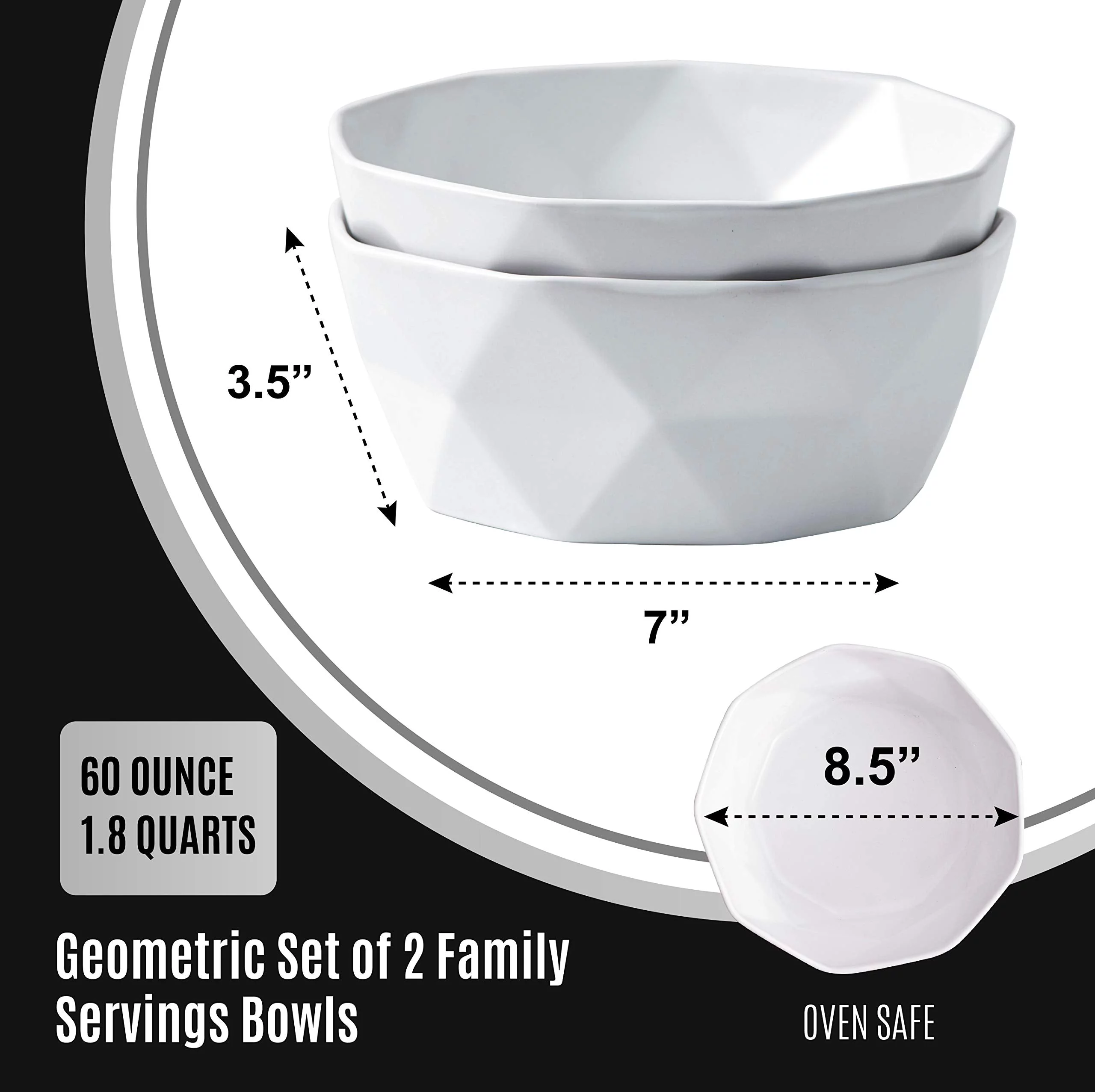 Set Of 2 Premium Ceramic Geometric Large Salad Serving Bowls (60 Oz) Oven Safe. For Family