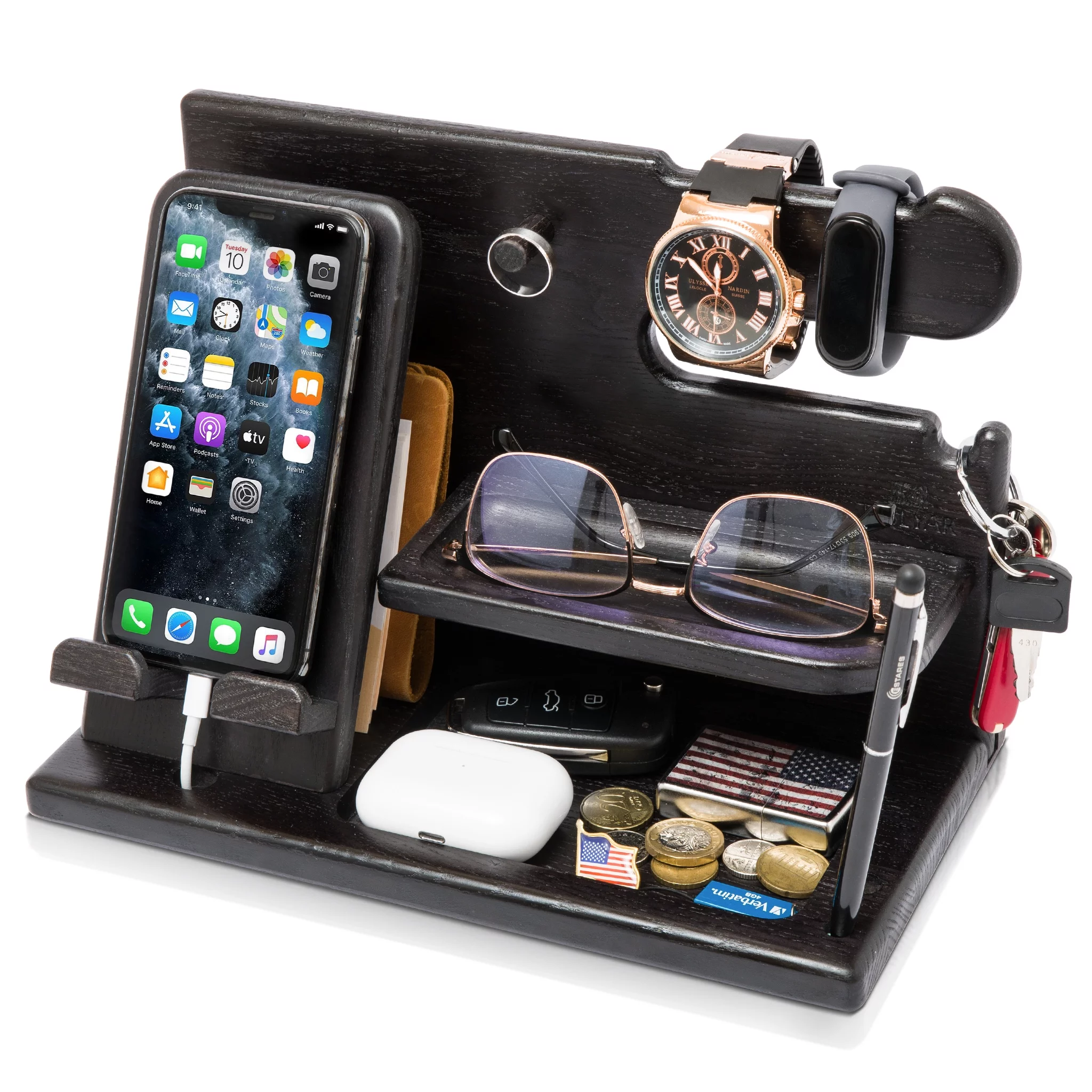 Wood Phone Docking Station Ash Key Holder Wallet Stand Watch Organizer Men Gift Husband Wife Anniversary Dad Birthday Nightstand Purse Father Graduation Male Travel Idea Gadget