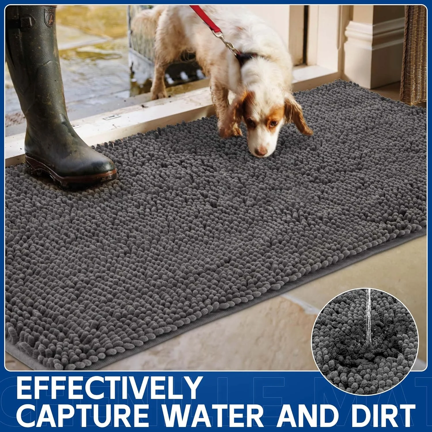 Chenille Absorbent Front Door Mat 48" x 24", Dog Door Mat for Muddy Paws, Trap Dirt Doormat, Mud Mat for Dogs, Washable Non Slip Outdoor Indoor Doormats for Entryway, Grey