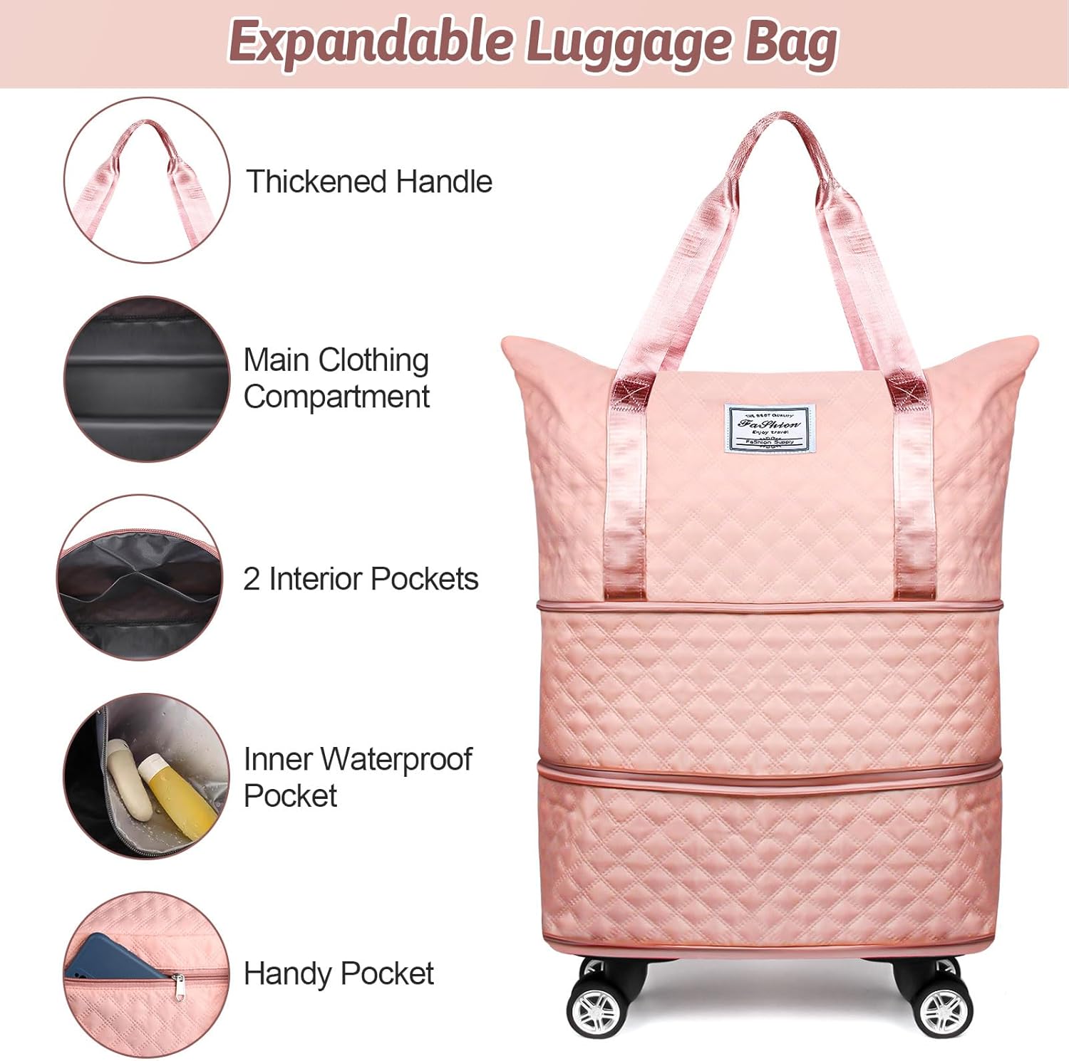 Rolling Duffle Bag with Wheels and Handle, Expandable Travel Duffel Bag Luggage Bag, Foldable Travel Bag with Wheels Rolling Carry on Duffle Bag, Large Wheeled Duffle Bag Luggage, Pink