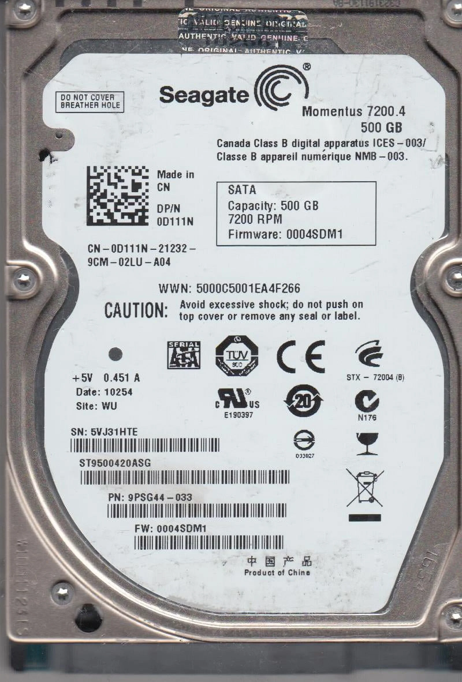 ST9500420ASG, 5VJ, WU, PN 9PSG44-033, FW 0004SDM1, Seagate 500GB SATA 2.5 Hard Drive