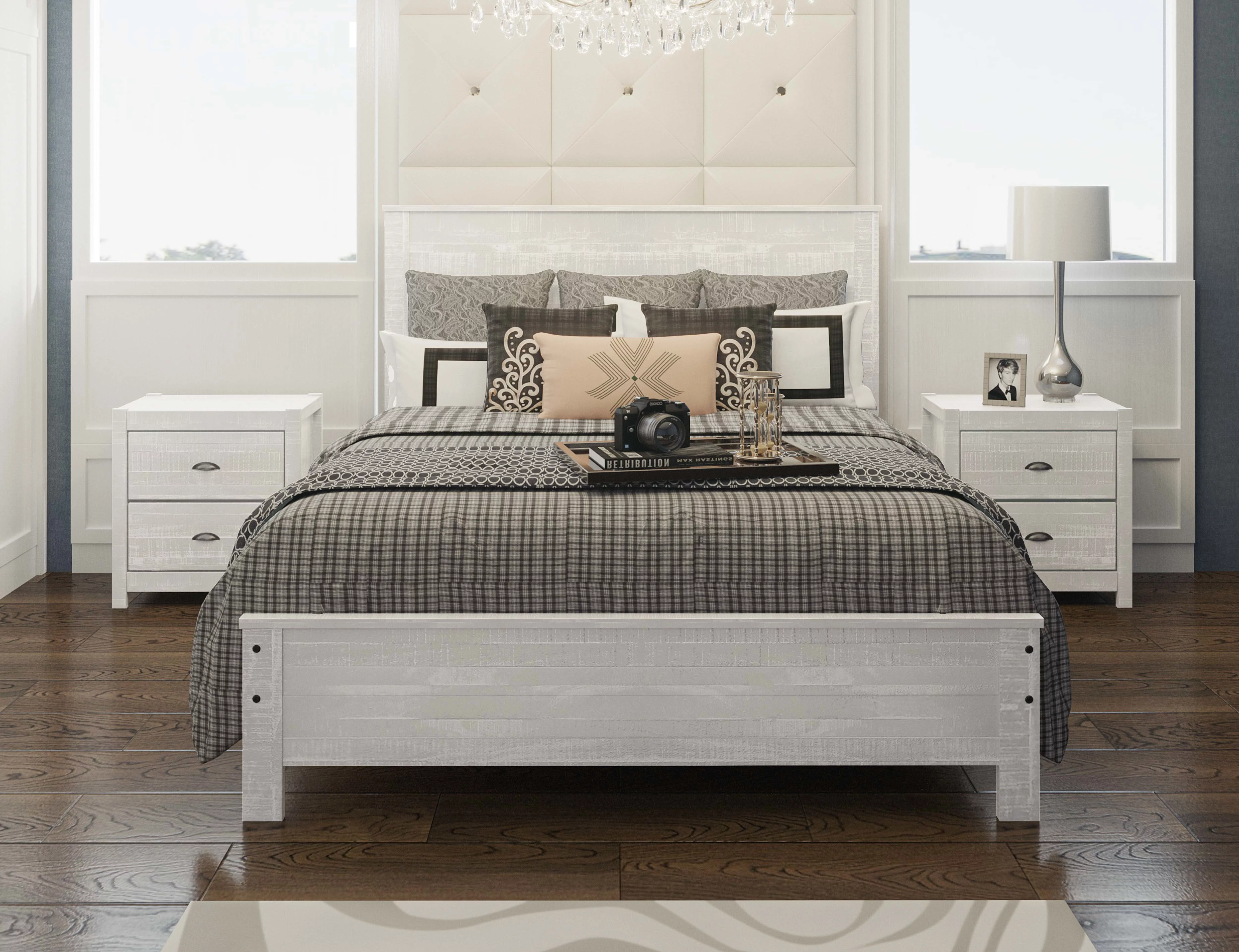 LANTRO JS Albany Solid Wood White Bed, Modern Rustic Wooden Full Size Bed Frame Box Spring Needed