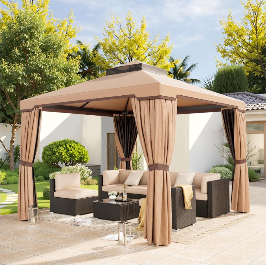 SUNCROWN 10 x 10 FT Outdoor Gazebo for Patio Iron Frame Garden Permanent Gazebo with Vented Soft Canopy and Mosquito Netting, Khaki