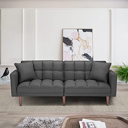 Convertible Futon Sofa Bed, Modern Linen Upholstered Folding Sofa Bed with Two Pillows, 75